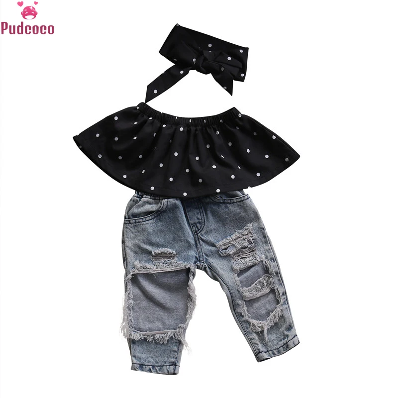 0-3Y Summer Fashion Toddler Clothes Baby Girls Dot Sleeveless Tops+Hole Jeans Outfits Casual 3pcs Clothes Set