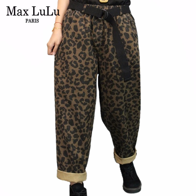 Max LuLu/Корейский модный стиль; осенние женские джинсовые брюки в стиле панк; эластичные женские шаровары с леопардовым принтом; негабаритная уличная одежда