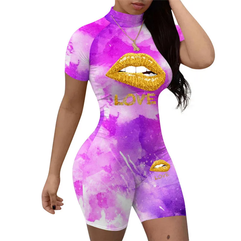 

2020 Summer Women Clothes Turtleneck Bodycon Jumpsuit Romper Casual Short Sleeve Lip print Jumpsuit Short Playsuit