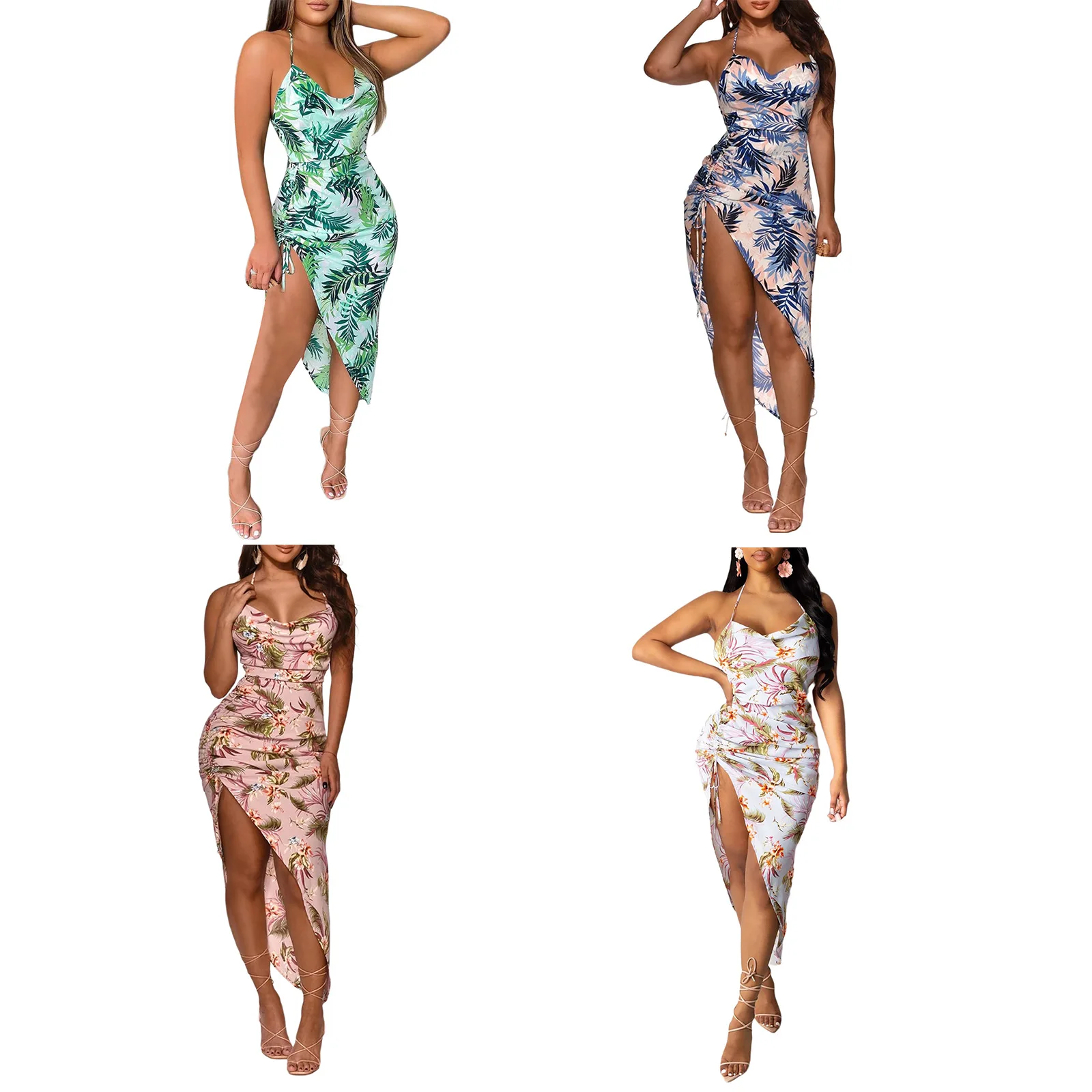 

Тропические листья с цветочным принтом с лямкой на шее платье с разрезами, проект "Для женщин сексуальные кружева платье без рукавов с v-обра...