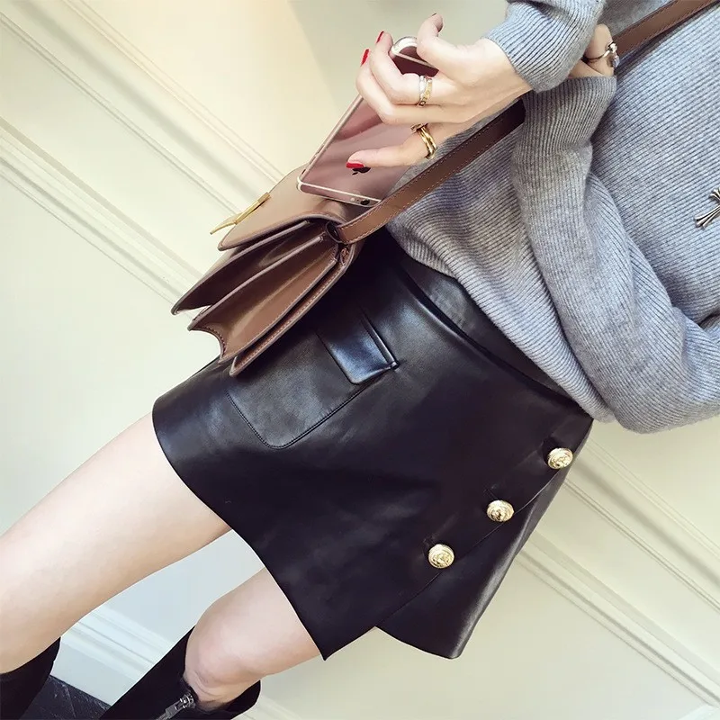 

Top Brand Elegant Lady High Waist Skinny Shorts Skirts Button Black Sheepskin Genuine Leather Slim Fit Short Trousers For Women