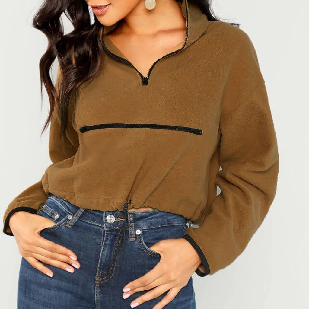 Модный женский Повседневный пушистый Однотонный свитер на молнии с длинным