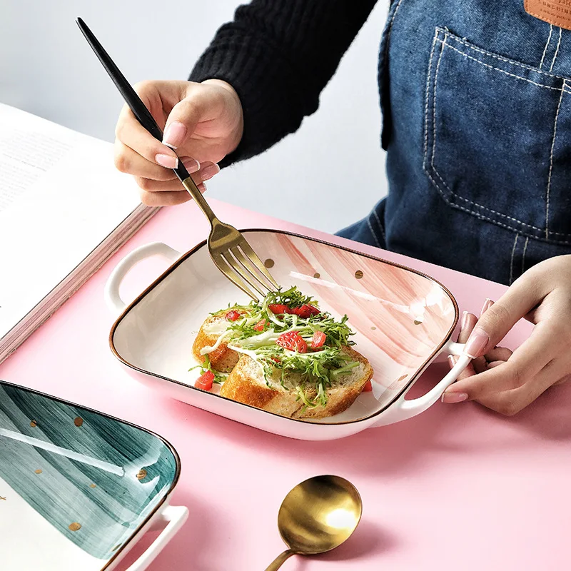 Северный золотой край квадратная керамическая тарелка Двойные Уши термостойкая