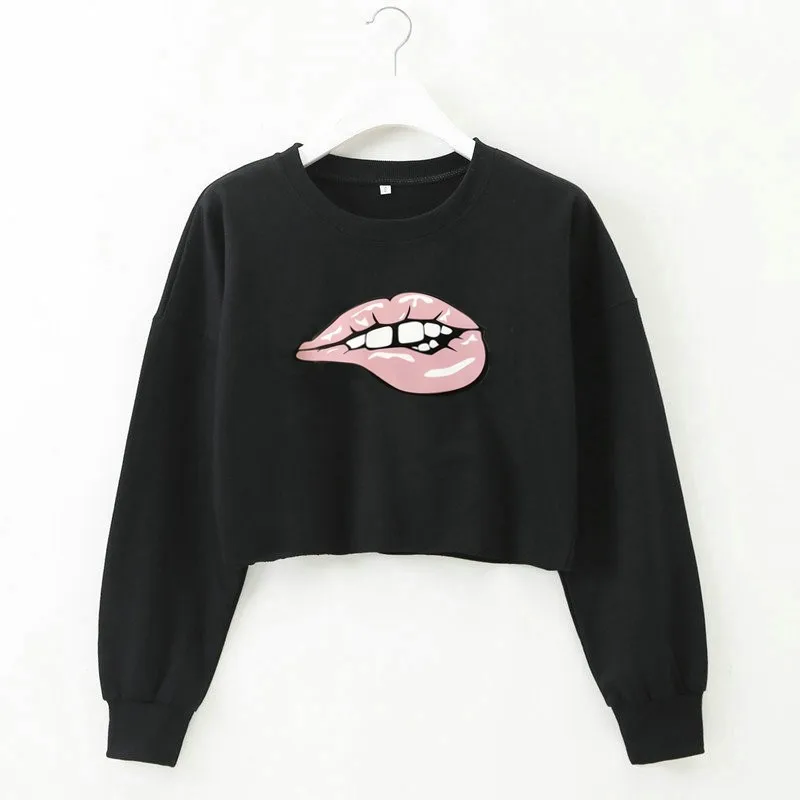 Hirigin Sexy Lips Printed Crop Top Women Sweatshirts 2020 New Long Sleeve Women Hoodies Fashion Steetwear Pullovers Hot Autumn