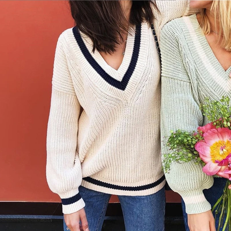 

Women England Preppy Style Striped V-Neck Sweater Solid Color Ribbed Knitted Pullover Top Loose Long Sleeve Jumper Shirt Autumn
