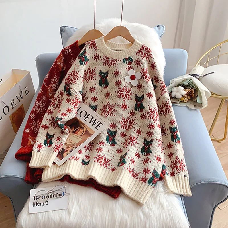 

SONG YI Vintage Christmas Jacquard Knit Sweater 2022 New Winter Thick Loose Korean Style Jumpers Female Oversized Knitwear J301
