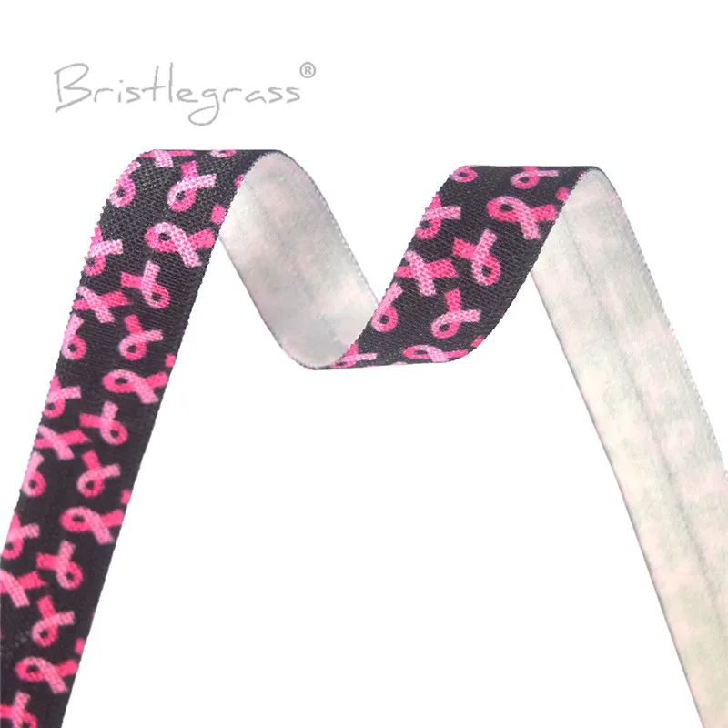BRISTLEGRASS 100 Yard by Roll 5/8&quot 15mm Pink Breast Cancer Awareness Print FOE Fold Over Elastic Spandex Satin Band Dress Sewing |