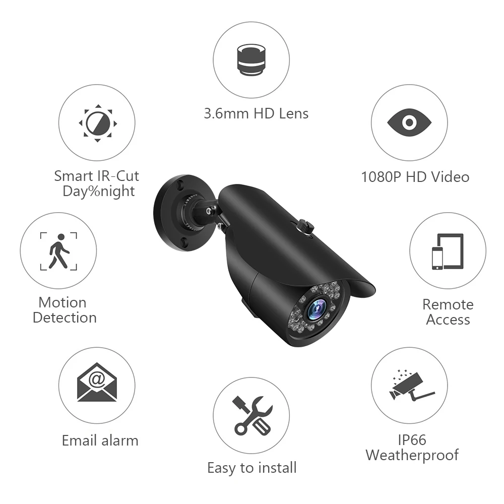 

1080P 2.0MP цилиндрическая IP-камера, интеллектуальная система движения, металлический корпус, встроенные 36 шт. светодиодных ламп, IP66 водонепрони...
