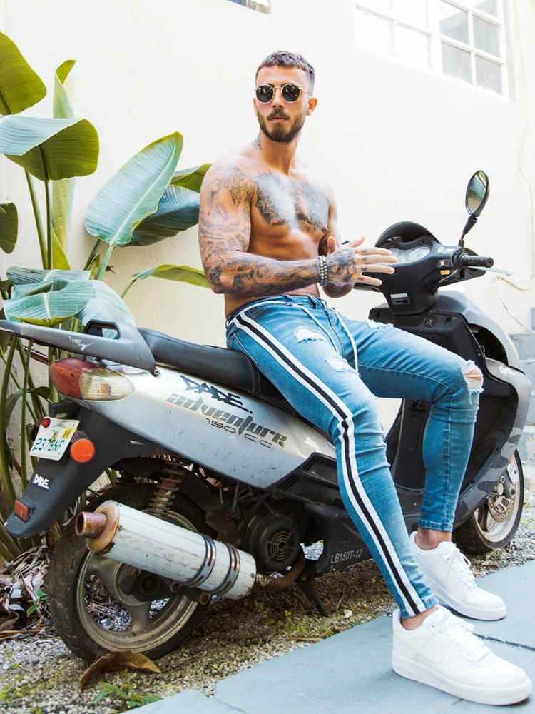 2021 Men's Jeans Cool Ripped Skinny Trousers Stretch Slim Denim Pants Large Size Hip Hop Black Blue Casual Side stripe jeans