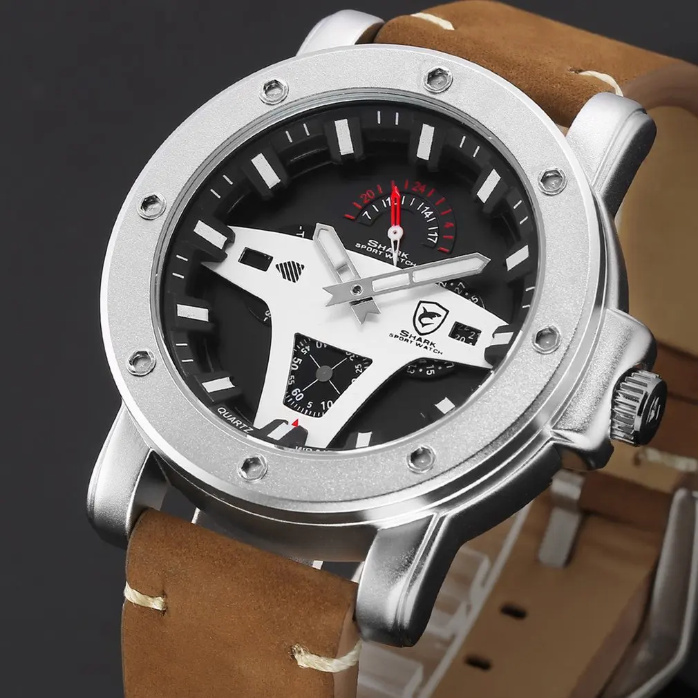 Brown SH453 Гренландская Акула 2 серии спортивные часы Креативный дизайн Черная Дата Crazy Horse кожа кварцевые мужские часы Masculino Relogio/SH452 - Цвет: Brown SH453