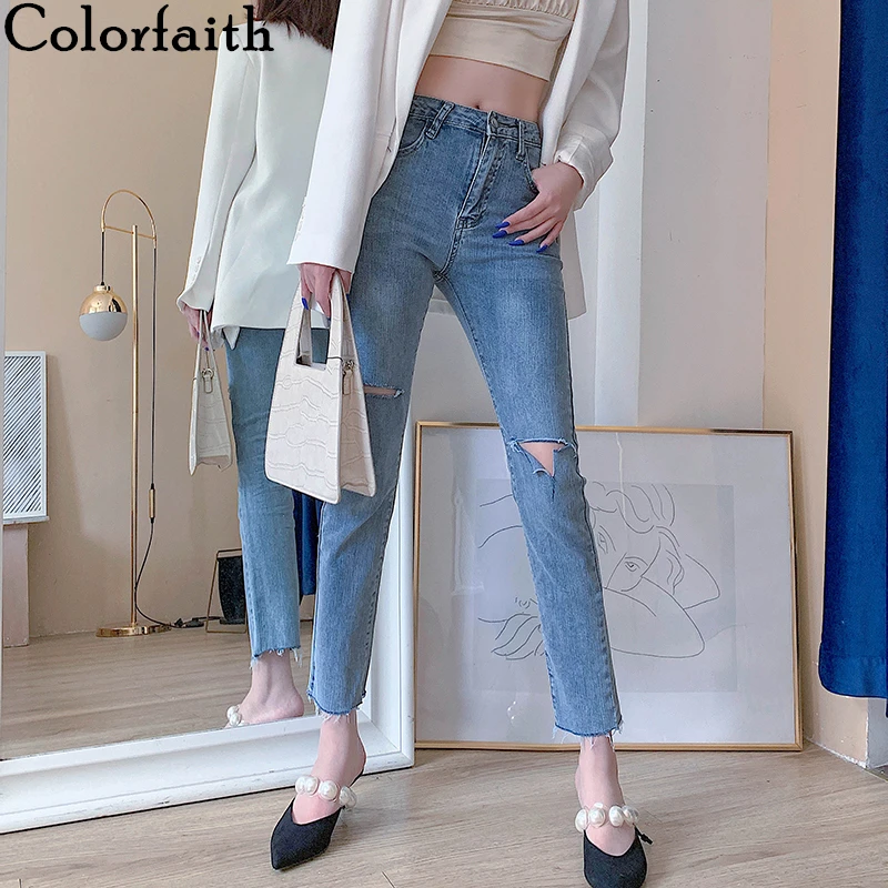 Женские джинсы с высокой талией Colorfaith повседневные Прямые рваные бахромой