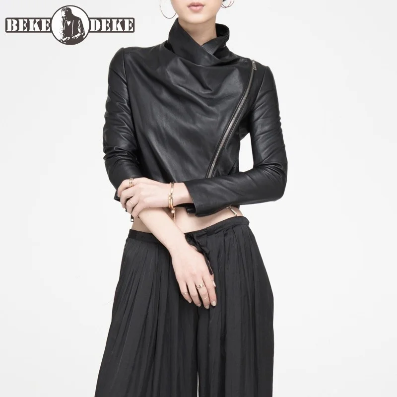 

Brand Designer Genuine Leather Sheepskin Coat Zipper Asymmetrical Stand Collar Short Jacket Autumn Street Cardigan Jackets