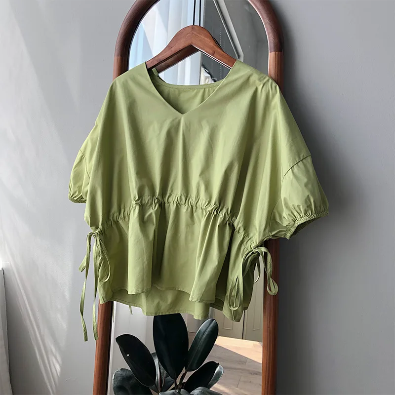 

Summer new Korean style temperament short sleeve loose unlined upper garment V neck T-shirt cover head solid color waist clothes
