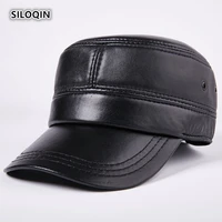 siloqin genuine leather hat mens flat cap snapback autumn winter new quality sheepskin military hat adjustable size leisure cap