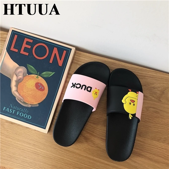 HTUUA/милые Мультяшные тапочки в виде уток; женские летние шлепанцы на плоской подошве; пляжные шлепанцы для дома и ванной; женская обувь; SX2069