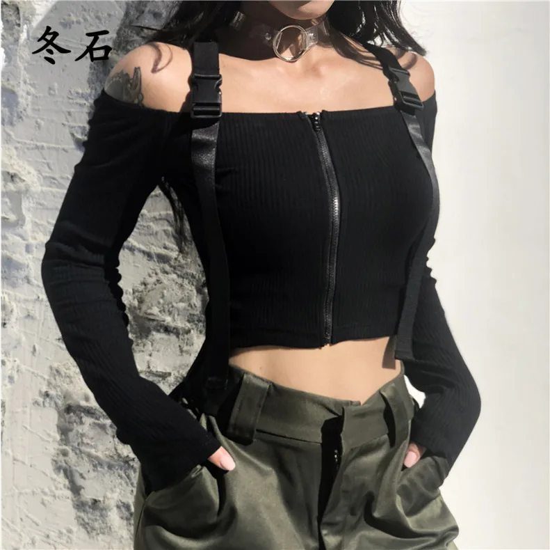 

Модная женская одежда с открытыми плечами, однотонные топы на молнии, хлопковые повседневные облегающие футболки с длинным рукавом