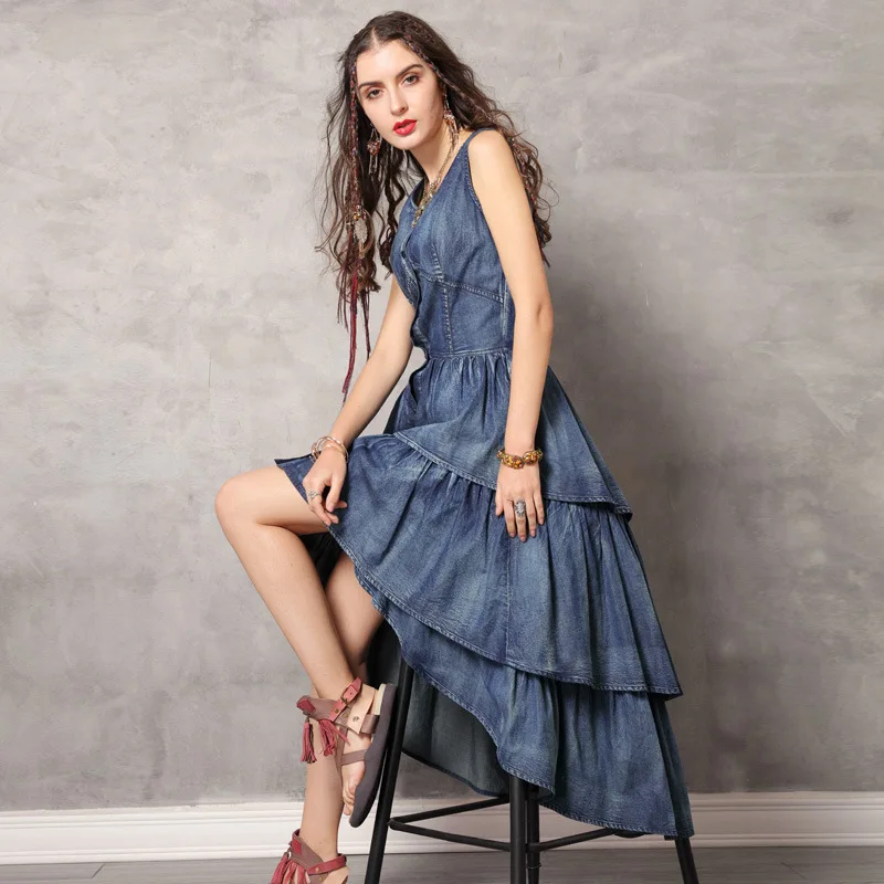 Женское винтажное длинное джинсовое платье с круглым вырезом многослойное без