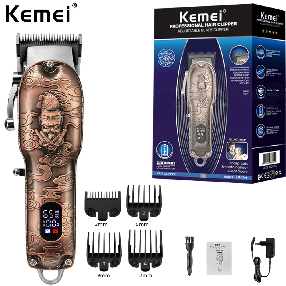

Kemei Professional Rechargeable Hair Clipper for Barber 10W Powerful 2500mAh Li-on Battery Cordless/Corded Bronze Embossed Body