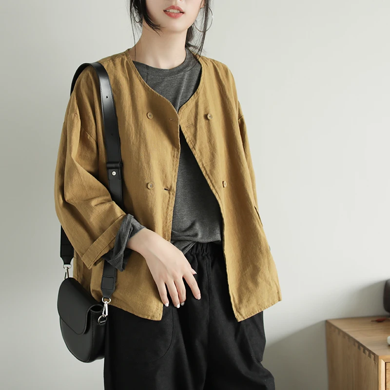 Женское двубортное пальто Johnature однотонное винтажное с круглым вырезом