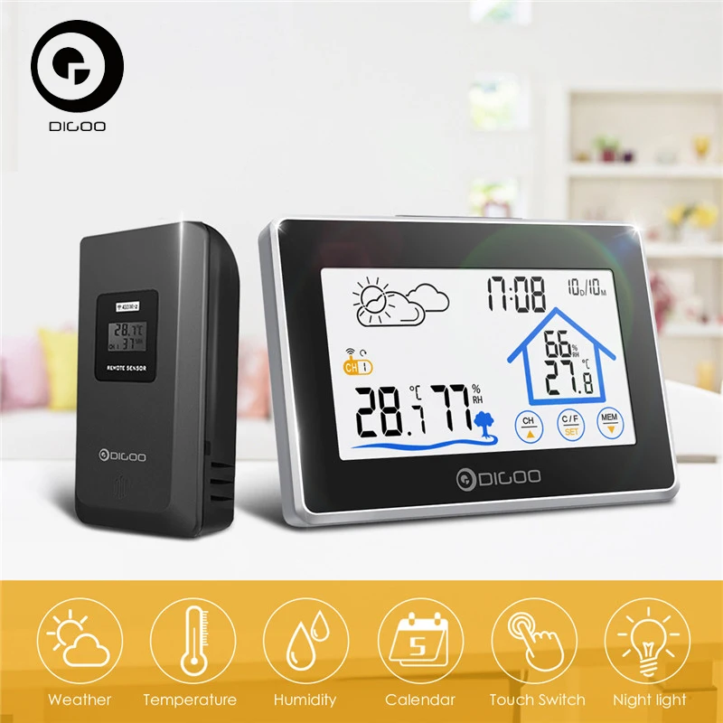 Digoo-term&oacute;metro inal&aacute;mbrico DG-TH8380, higr&oacute;metro, estaci&oacute;n de clima de pantalla t&aacute;ctil con Sensor de pron&oacute;stico para exteriores-0