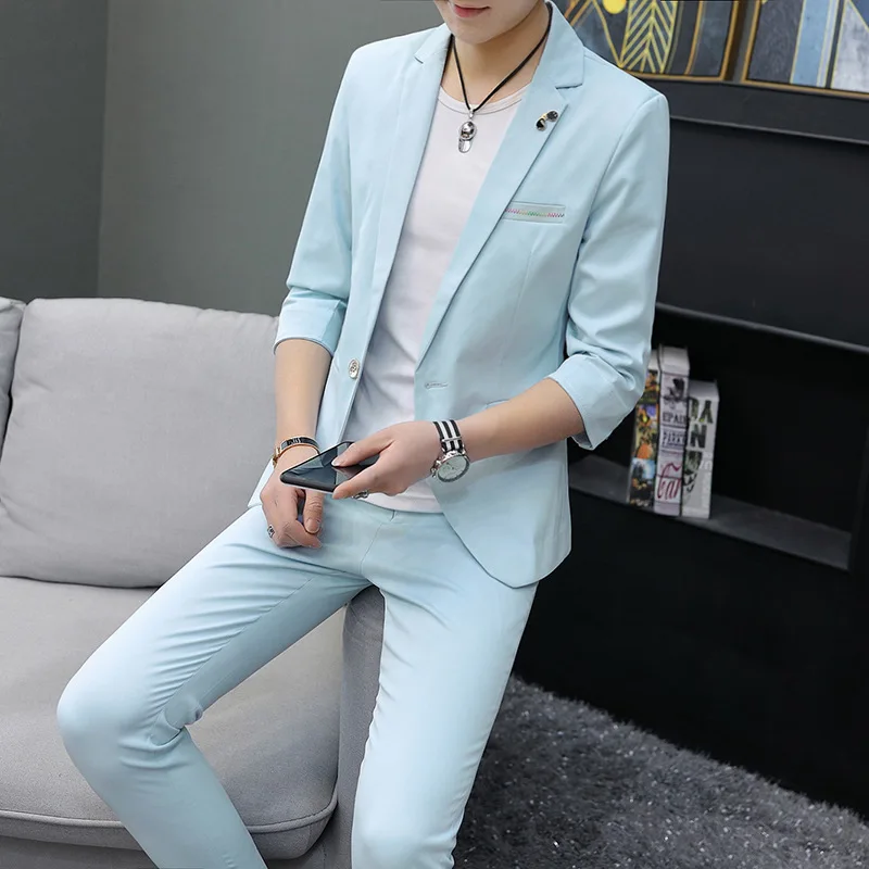 

Summer 2021 Men's Half Sleeve One Button Suit Teenagers Slim Fit Solid Color Leisure Suit Two Pieces