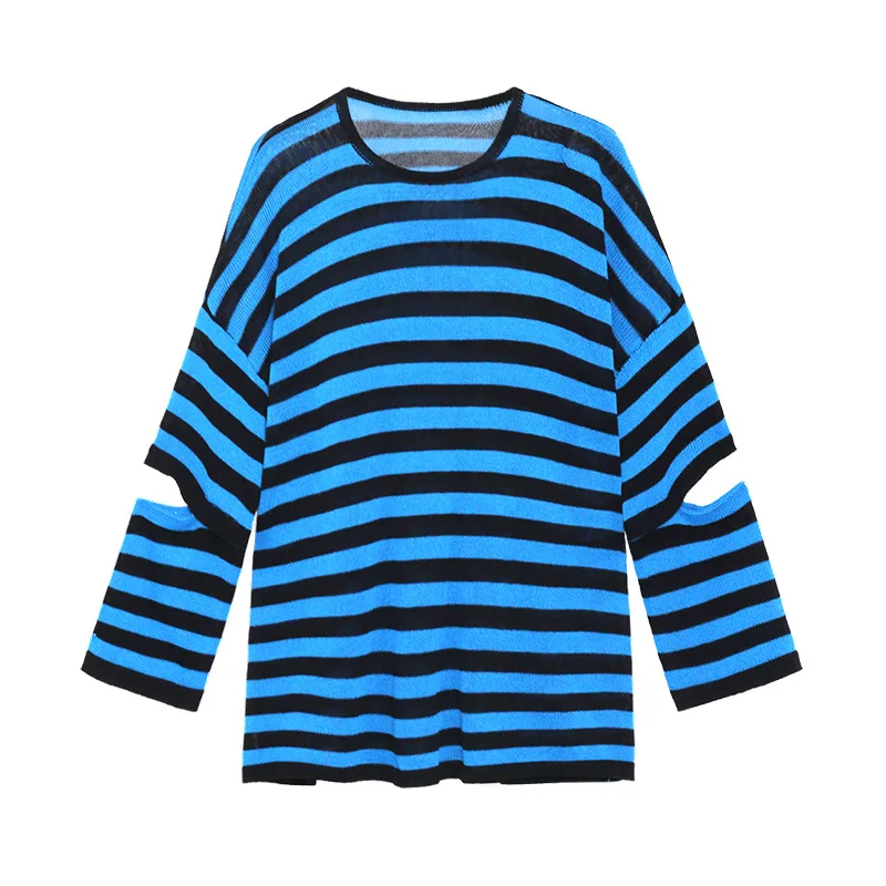 

Johnature Summer Thin Striped Hollow Out Women Tops 2021 New Casual All Match Loose O-neck Full Sleeve 3 Colors T-Shirts