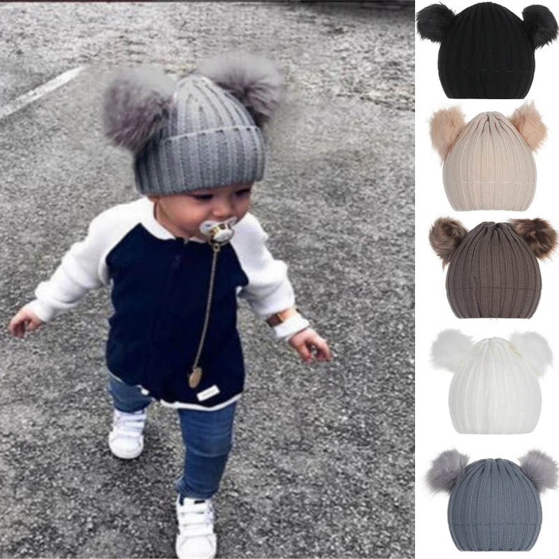 

Toddler Baby Boys Girl Winter Cap Double Hairy Ball Hats Scarf Kids Girls Boy Soft Warm Fur Bobble Knitted Beanies Hats