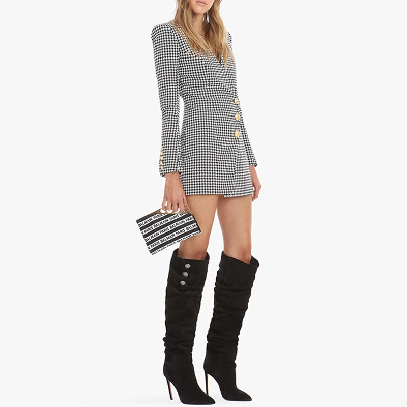 Women Elegant Plaid Dress Autumn Houndstooth Office Ladies Sexy V Neck Long Sleeve Party Bodycon Vestidos | Женская одежда