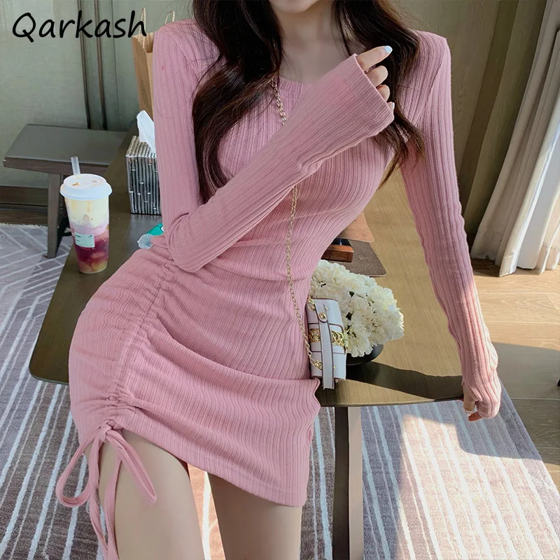 

Dresses Women Pink Shirring Slim Tender Hot Sale Autumn Tunic Ulzzang Street Style Fit Inside Leisure Mini Vestidos Holiday Knit