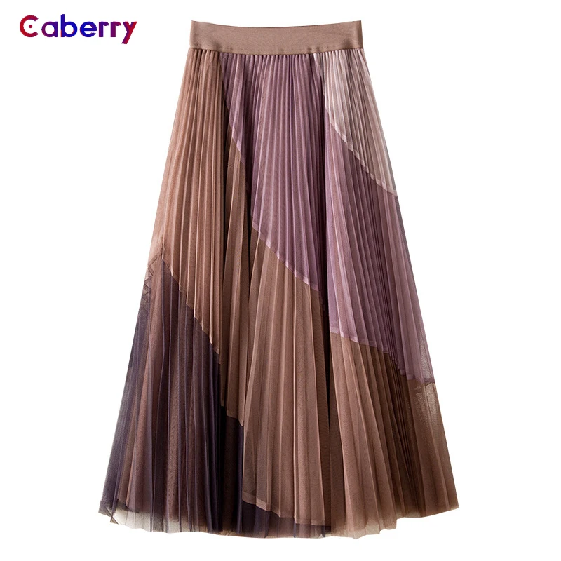 

Woman Mesh Pleated Skirt Spring Summer Young Preppy Style Color Block Patchwork Elastic High Waist Female Bottoms 2021