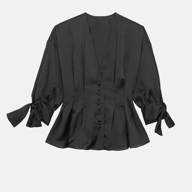 Женская атласная плиссированная блузка Повседневная рубашка с v образным