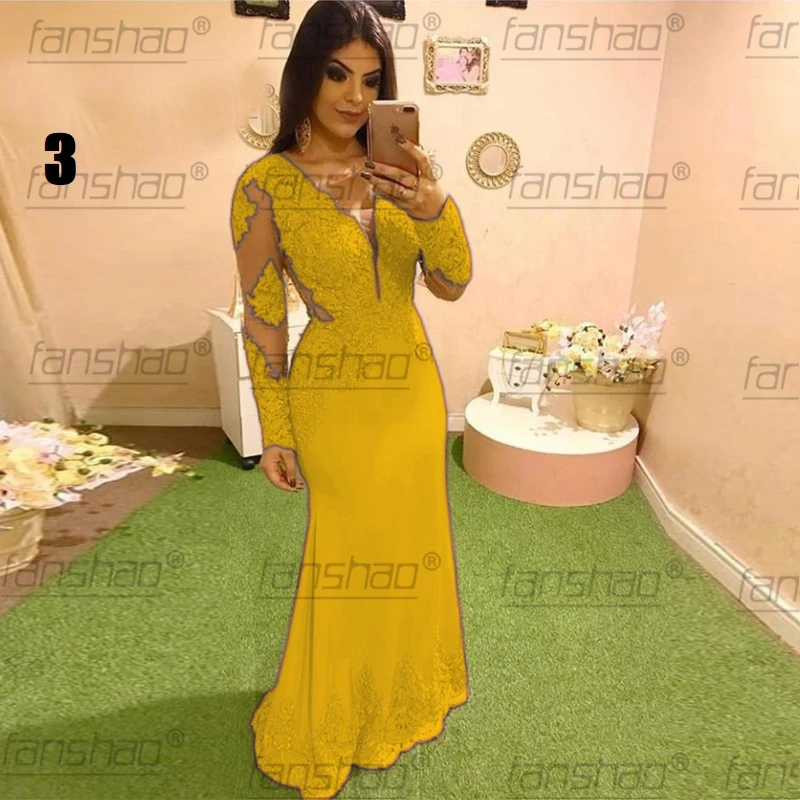 Платье вечернее длинное Персиковое с длинным рукавом и аппликацией|Вечерние