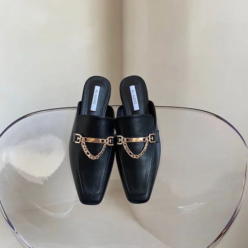 

chain thick heel shoes square toe low heel flat bottom sandals for women
