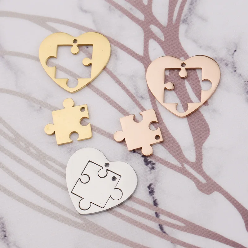 

100% Satinless Steel Heart Puzzle Charm Rose Gold/Gold/Silver Color Metal Heart Jigsaw Puzzle Charms Wholesale 10pair