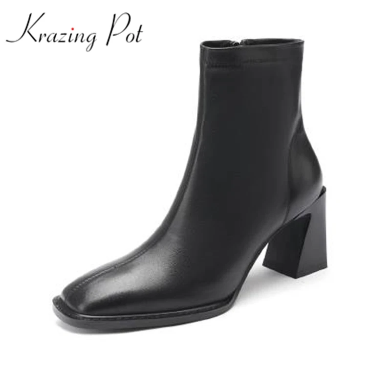 

Vichelo Hot natural cow leather square toe thick high heels convenient modern cozy career lady winter princess style ankle boots