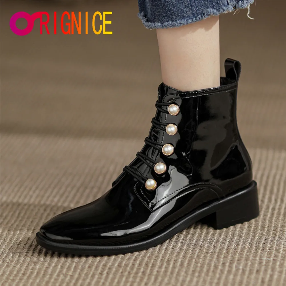 

Orignice Autumn Winter Women Patent Leather Ankle Boots Thick Low Heels Ladies Zipper Cozy Square Toe Lace Up Pearl Party Shoes