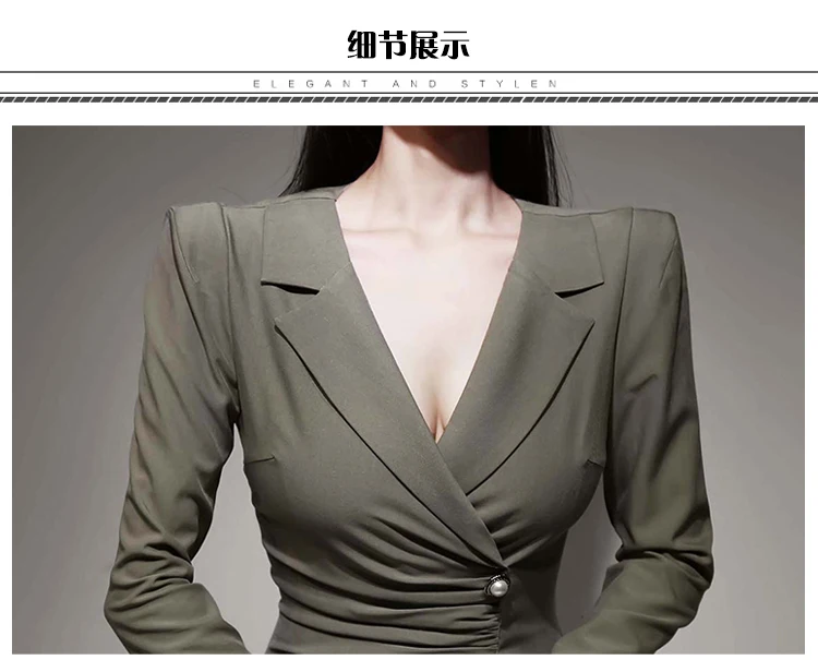 

2020 Autumn Korea Notched OL Cloth Women Wrinked High Waisted Single Breasted Army Green Pencil Split Midi Office Dress