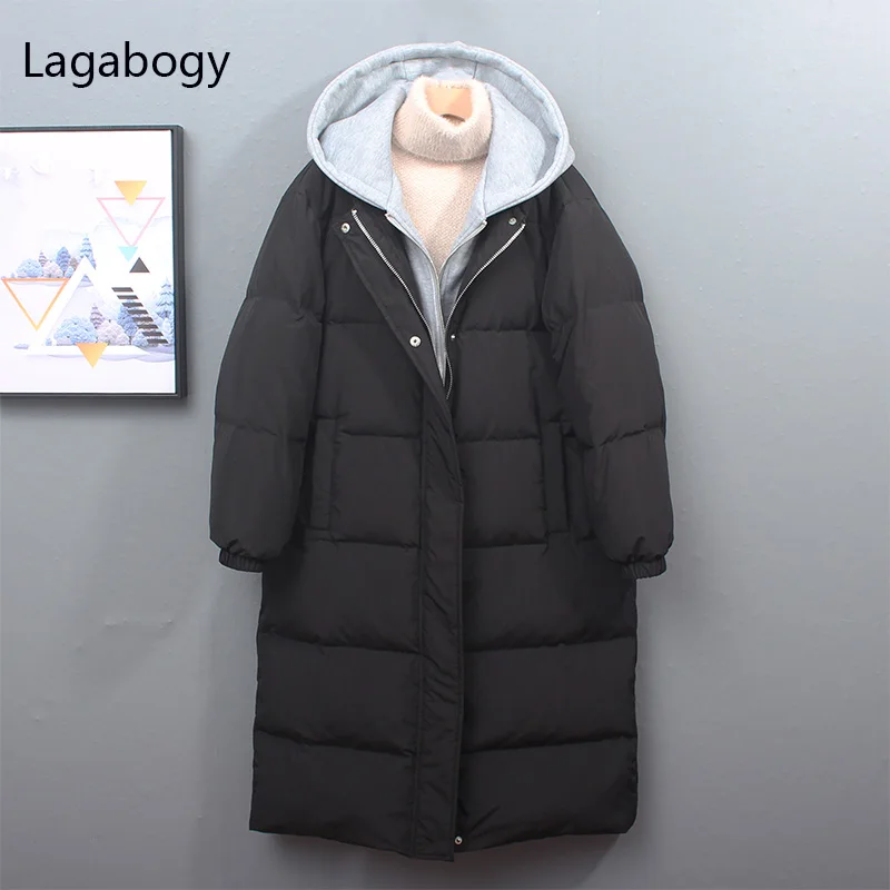 Lagabogy 2021 New Women Winter 90% White Duck Down Coat Hooded Thick Warm Puffer Jacket Female Loose Fake Two Long Snow Parkas