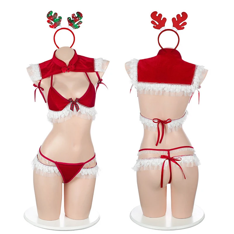 

Miss Christmas Elk Bikini Anime School Girl Cosplay Uniform Xmas Santa Claus Lolita Red Sailor Collar Lace Ruffle Lingerie Set