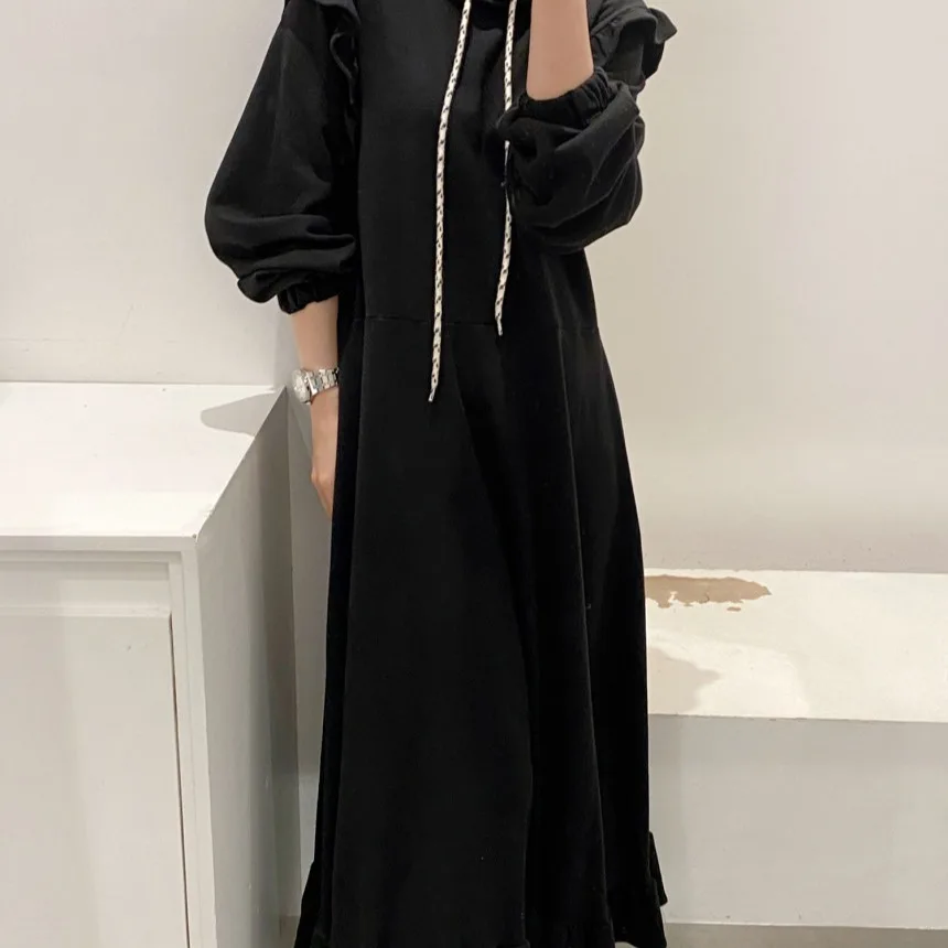 

Elegant Knitting Pleated Ruffles Sweater Dress 2020 Autumn Winter Korean Loose Casual Patchwork Hooded Long Sleeve
