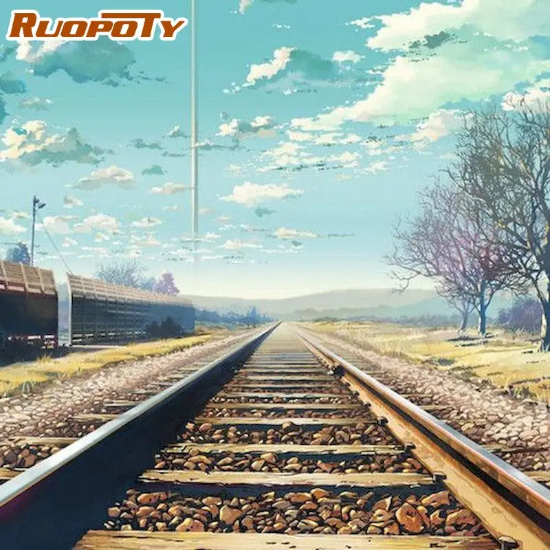 

RUOPOTY DIY Oil Painting By Numbers Kits Train Track Landscape Picture By Number HandPainted 40x50cm Framed Home Decor Arts