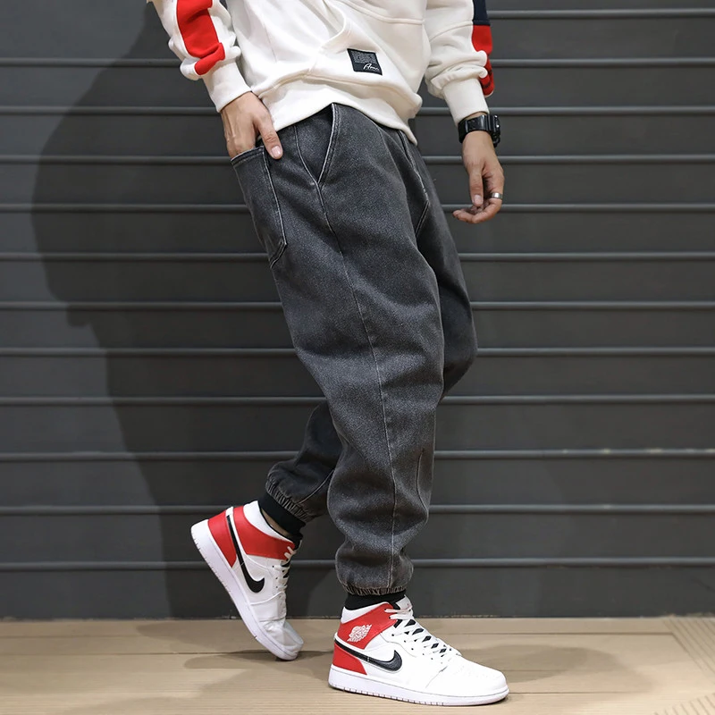 Модные мужские джинсы в японском стиле серого цвета свободные брюки карго