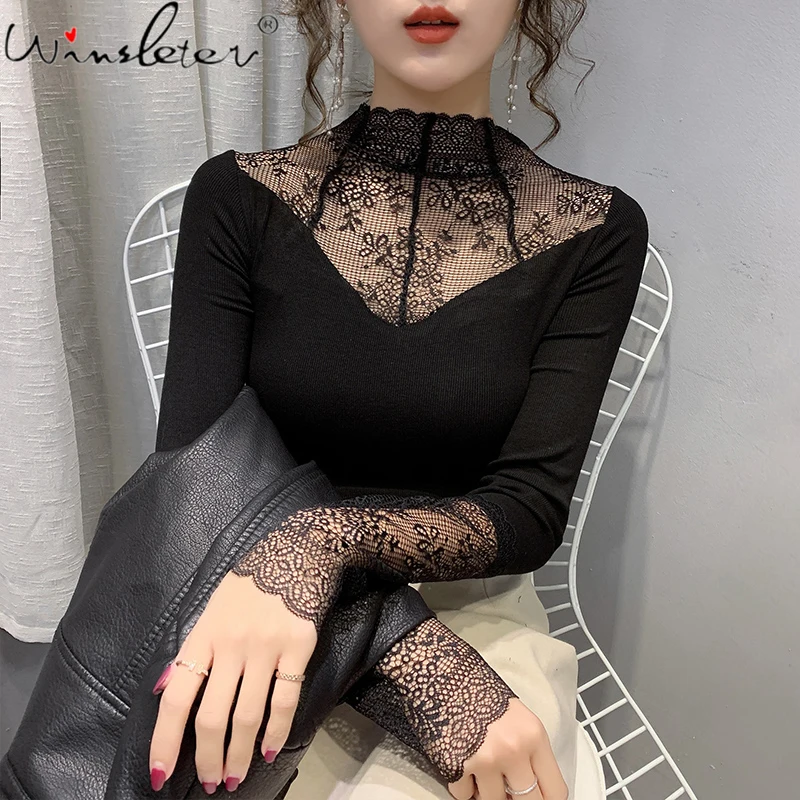 

Spring Fall Korean Style Cotton T-Shirt Chic Sexy Hollow Out Patchwork Lace Women Tops Bottoming Shirt Long Sleeve Tees T17724A