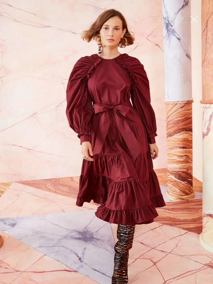 

Big brand winter ladies retro elegant bow knot pleated dress 2020New women's long-sleeved ruffles fashion party Christmas dress