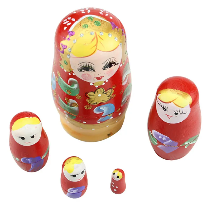 

Set Of 5 Pcs Dolls Wooden Russian Nesting Babushka Matryoshka Hand Painted Gift