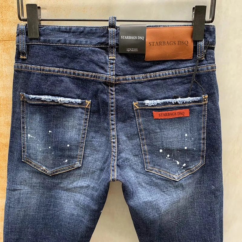 

dsq stard2 original hole washed four seasons jeans auto bold line fashion logo embroidered leather label slim elastic pants