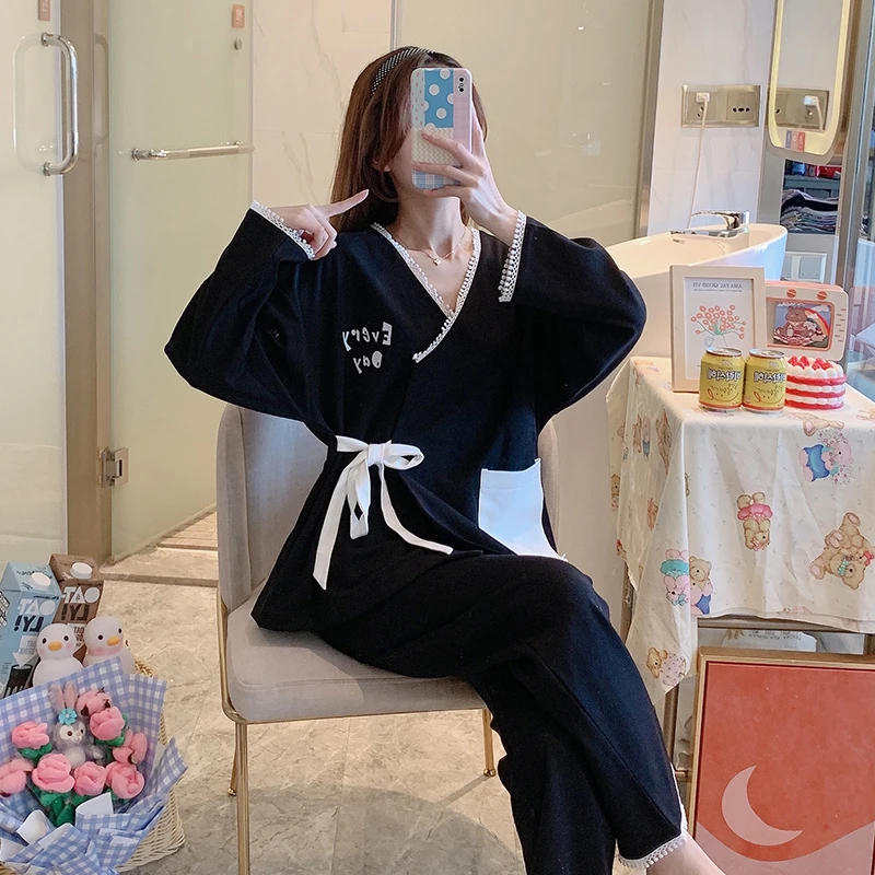 

Spring New Pajamas Women's Pijamas Long-sleeved Sleepwear Cotton Kimono Nightwear Two-piece Home Suit Sweet Nightsuit