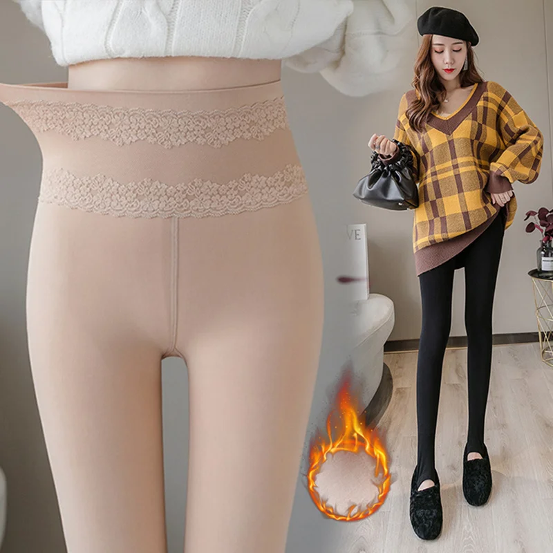 

Super elastic magical stocking panty winter thick warm fleece pantyhose women lace stitched high waist nylons lady black tights