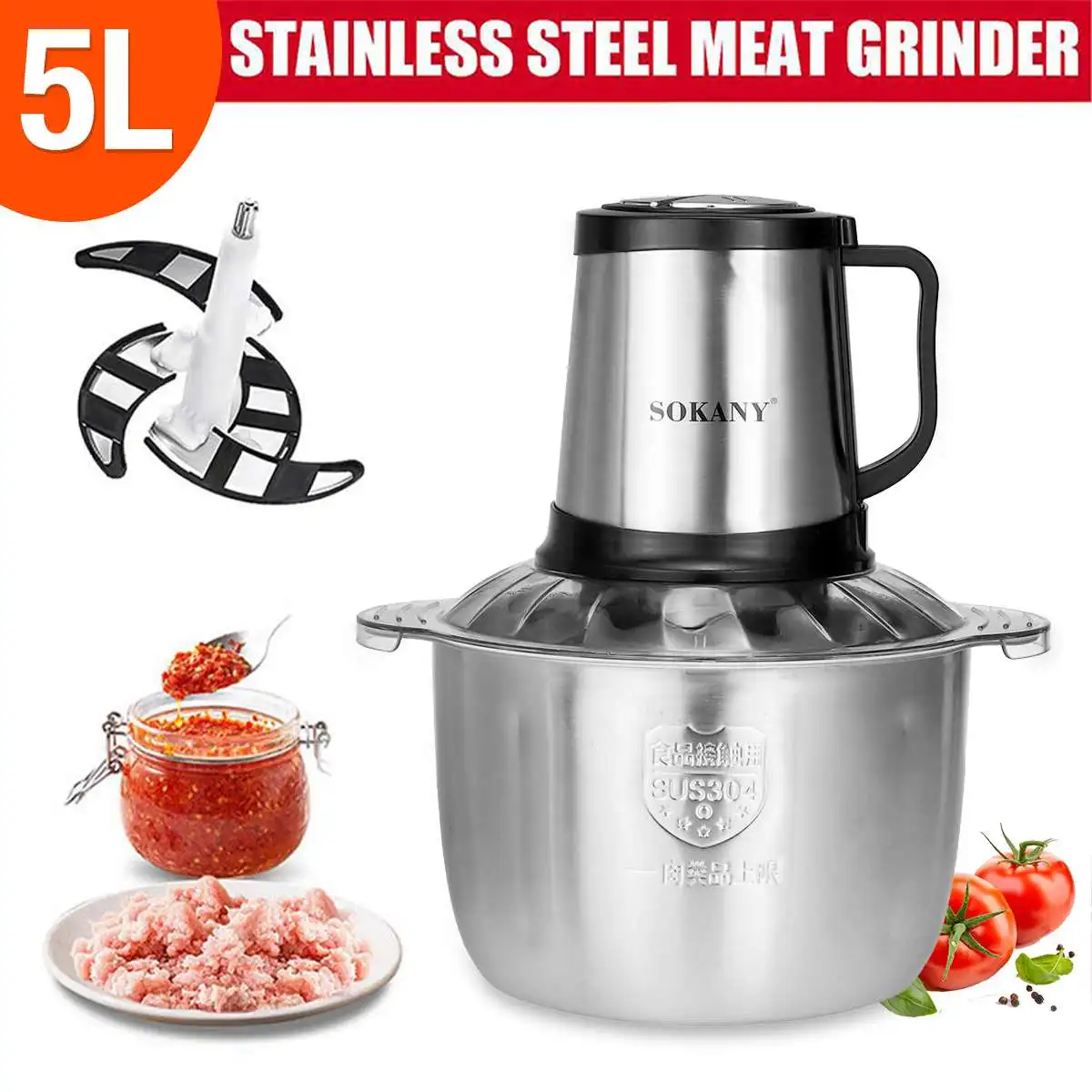 

5L/2L Electric Meat Grinder 800W Food Mixer blender Stainless Steel Electric Chopper Auto Mincing Machine Food Processor 3Speed