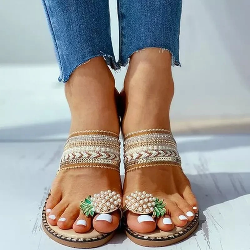Женские Вьетнамки Сезон лето Тапочки на плоской подошве в богемном стиле Пляжная